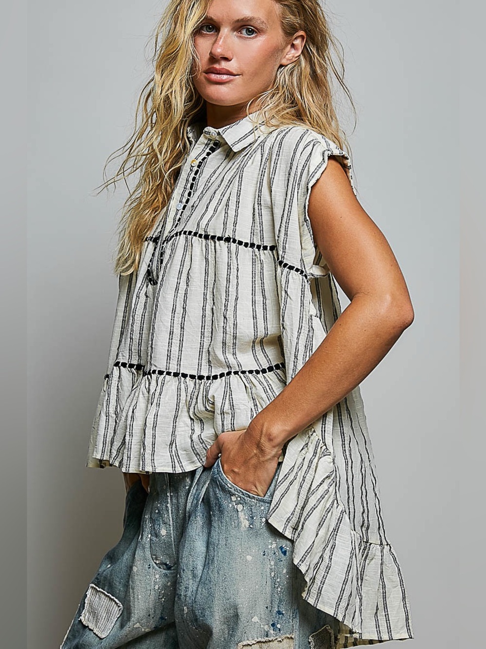 POL Striped Ruffle Collared Sleeveless Cotton Top - Picture 5 of 7